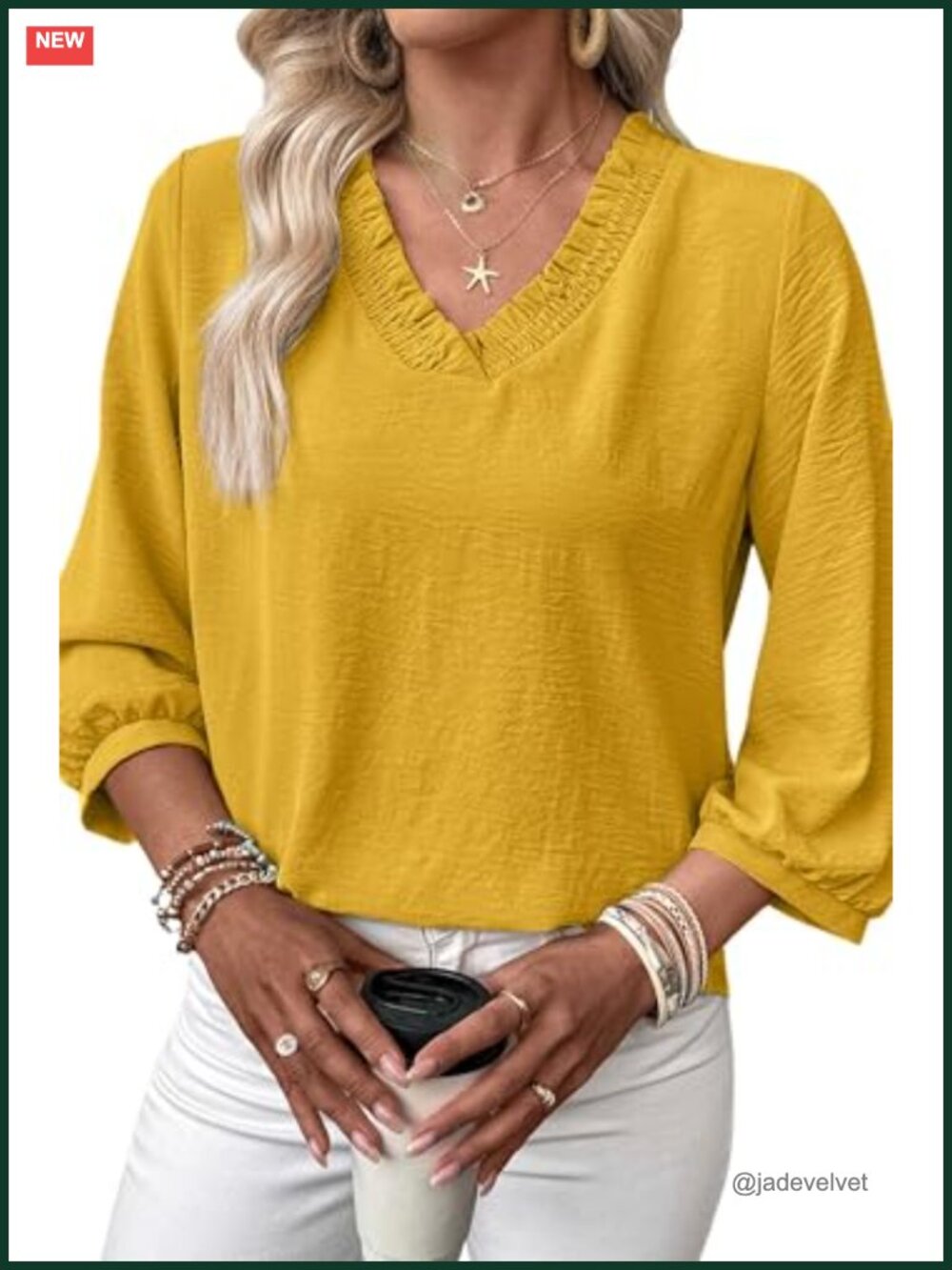 SHEWIN Womens Smocked V-Neck 3/4 Sleeve Loose Fit Tunic Blouse